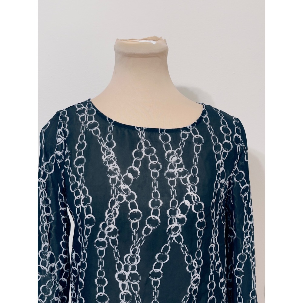Banana Republic Women‎ Petite XXS Black White Chain Print Keyhole Back Blouse - Picture 3 of 9